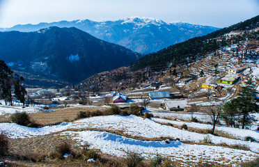 Patnitop a city of Jammu and its park covered with white snow, Winter landscape
