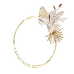 Watercolor summer golden tropical frame with dried palm leaves, calla lily flowers isolated. Floral spring geometric frame blossom boho illustration wedding invitation save the date card