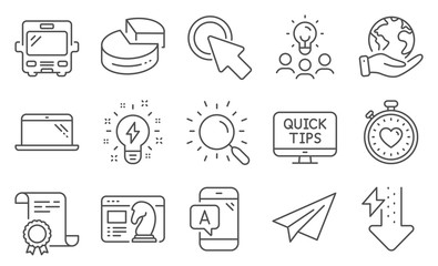 Set of Technology icons, such as Paper plane, Inspiration. Diploma, ideas, save planet. Ab testing, Laptop, Pie chart. Heartbeat timer, Seo strategy, Energy drops. Vector
