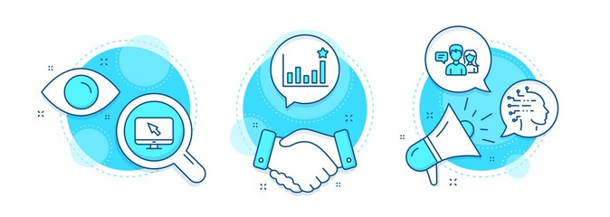 Internet, Efficacy and Artificial intelligence line icons set. Handshake deal, research and promotion complex icons. People talking sign. Monitor with cursor, Business chart, Mind intellect. Vector