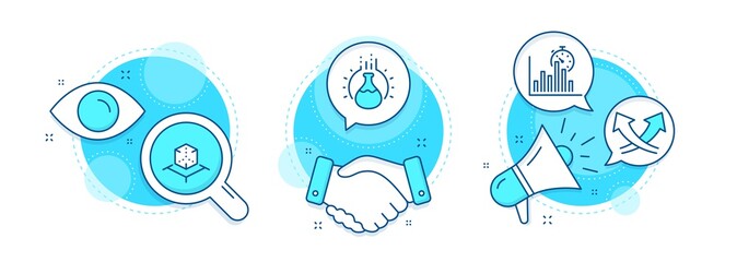 Report timer, Augmented reality and Chemistry experiment line icons set. Handshake deal, research and promotion complex icons. Intersection arrows sign. Vector