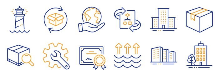 Set of Industrial icons, such as Return parcel, Skyscraper buildings. Certificate, save planet. Lighthouse, Technical algorithm, Search package. Buildings, Evaporation, Customisation. Vector