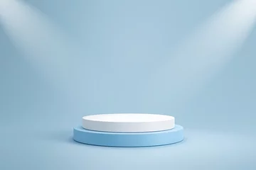 Foto op Plexiglas Studio template and white round shape pedestal on light blue background with spotlight product shelf. Blank studio podium for product advertising. 3D rendering. © Lemonsoup14