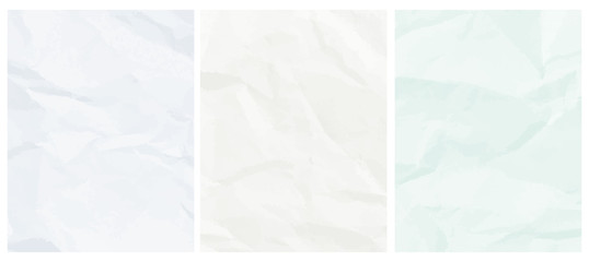 Set o 3 Abstract Geometric Vector Layouts. Pastel Color Crumpled Paper Layers. Pale Blue, Mint Green and Light Gray Backgrounds. Simple Creative Creased Paper Design. No Text.