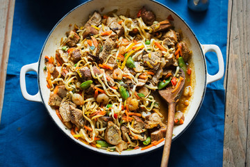 Singapore noodles - stir-fry of pork and prawns, flavoured with teriyaki & madras