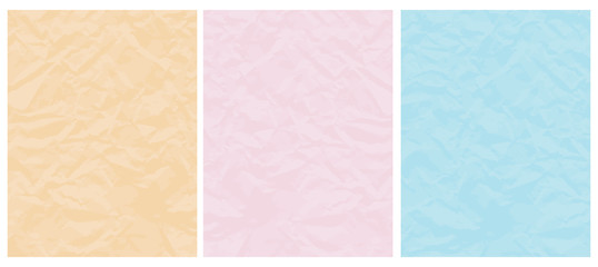 Set o 3 Abstract Geometric Vector Layouts. Pastel Color Crumpled Paper Layers. Light Pink, Yellow and Light Beige Backgrounds. Simple Creative Creased Paper Design. No Text.