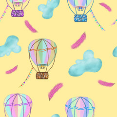 hot air balloons on yellow background. Painted hot air balloons, pink feathers, blue clouds. Kids room, stationery. travel, passport design. Wallpaper, textile, fabric print. 