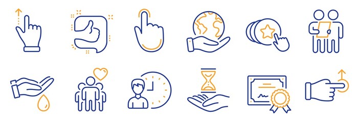 Set of People icons, such as Wash hands, Time hourglass. Certificate, save planet. Survey, Touchscreen gesture, Drag drop. Working hours, Like, Hand click. Friendship, Hold heart line icons. Vector