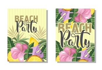 A set of postcards. Fresh pineapple, leaves, flowers and slices. Manual calligraphy of the 