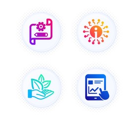 Cogwheel blueprint, Info and Organic product icons simple set. Button with halftone dots. Internet report sign. Edit settings, Information, Leaf. Web tutorial. Business set. Vector