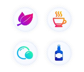 Mint leaves, Peas and Espresso icons simple set. Button with halftone dots. Whiskey bottle sign. Mentha herbal, Vegetarian seed, Hot drink. Scotch alcohol. Food and drink set. Vector