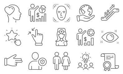 Set of People icons, such as Restroom, Touchscreen gesture. Diploma, ideas, save planet. Oculist doctor, Escalator, Seo statistics. Friend, Health eye, Click hand. Vector