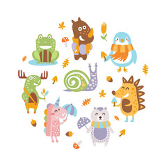 Cute Wild Animals of Round Shape, Snail, Moose, Unicorn, Bear, Raccoon, Hedgehog, Frog Forest Animals Banner Template Vector Illustration