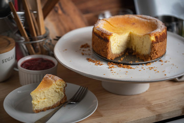 new york style cheesecake on kitchen table