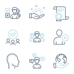 Sunny weather, Delete user and Head line icons set. Diploma certificate, save planet, group of people. Opinion, Group and Conversation messages signs. Hold sun, Remove profile, Human profile. Vector