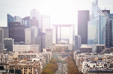 La Defense Paris business district panorama from arc de Triumph buildings and avenue view