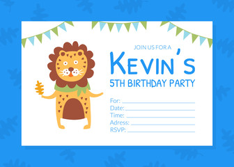 Birthday Party Blue Invitation Card, Flyer Template with Cute Lion Animal Vector Illustration