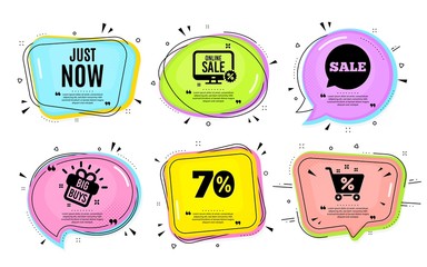 Just now symbol. Big buys, online shopping. Special offer sign. Sale. Quotation bubble. Banner badge, texting quote boxes. Just now text. Coupon offer. Vector