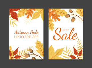 Autumn Sale Card Template with Colorful Leaves, Fall Season Shopping Promotional Banner, Flyer, Invitation, Certificate Vector Illustration