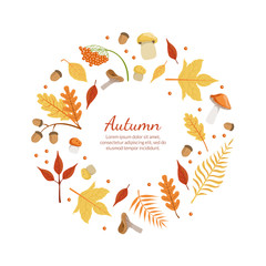 Autumn Banner Template with Colorful Leaves of Round Shape with Space for Text, Fall Season Shopping Promotional Leaflet, Flyer, Invitation Card, Advertising Vector Illustration