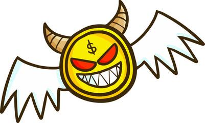 Funny and angry evil coins flying with red eyes
