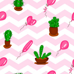 A seamless pattern with cacti of different species and balloons creates some sense of danger. Using zigzags in pink and white colors on the background.