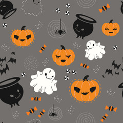 Seamless pattern for Halloween with pumpkin and decorative elements of Halloween-themed in a flat style, for a gift wrap, textiles or holiday decoration.