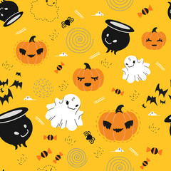 Seamless pattern for Halloween with pumpkin and decorative elements of Halloween-themed in a flat style, for a gift wrap, textiles or holiday decoration.