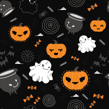 Seamless pattern for Halloween with pumpkin and decorative elements of Halloween-themed in a flat style, for a gift wrap, textiles or holiday decoration.