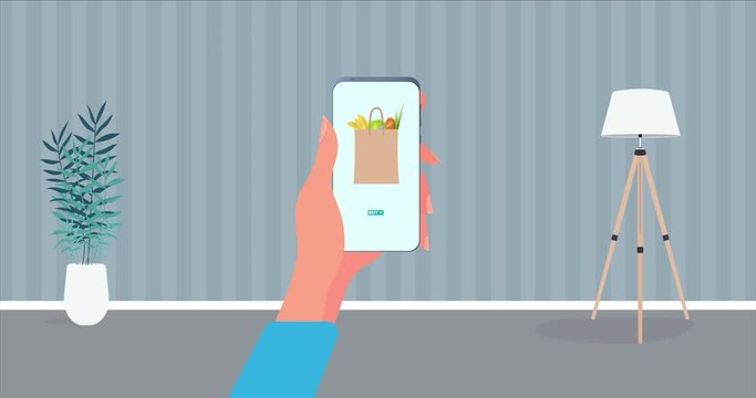 Order food and products over the phone. Order food at home. Food Delivery Animation. A man delivers food with a yellow backpack. The guy is riding a yellow scooter along the road.