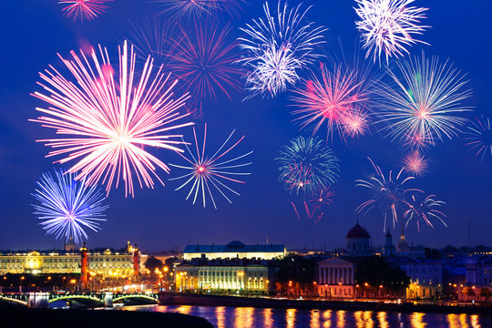 Fireworks over Saint Petersburg downtown Rostralnaya Column, Neva river embarkment, Winter Palace, Russia