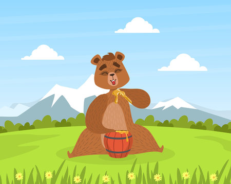 Brown Bear Sitting on Green Lawn and Eating Honey, Cute Wild Animal with Wooden Barrel Sitting on Summer Mountain Landscape Vector Illustration