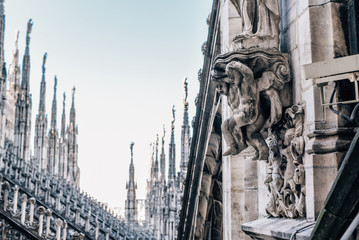 Naklejka premium Luxurious, highly detailed statues decorated roof of the Duomo Cathedral