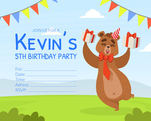 Obraz na płótnie Canvas Birthday Party Invitation Card Template, Cute Brown Bear in Party Hat Having Fun on Summer Landscape Vector Illustration