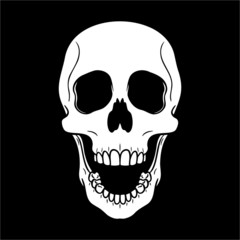 laughing skull with open mouth against black background. vector illustration, comic, isolated, horror.
