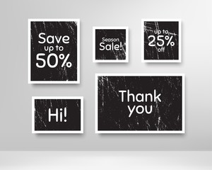 Season sale, 25% discount and save 50%. Black photo frames with scratches. Thank you phrase. Sale shopping text. Grunge photo frames. Images on wall, retro memory album. Vector