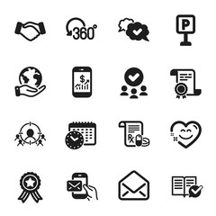 Set of Business icons, such as Handshake, Mobile finance. Certificate, approved group, save planet. Approved documentation, Business targeting, Smile chat. Vector