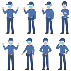 Set of security guard in uniform with New normal life wearing a surgical protective Medical mask and goggles for prevent coronavirus. character pose front side turn around cartoon, Health care.