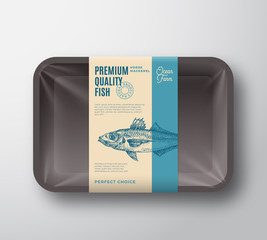 Premium Quality Horse Mackerel. Abstract Vector Plastic Tray with Cellophane Cover Packaging Design Label. Modern Typography and Hand Drawn Fish Silhouette Background Layout.