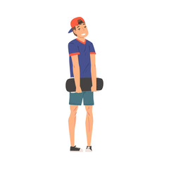 Teen Boy in Baseball Cap Standing and Holding Skateboard Cartoon Vector Illustration