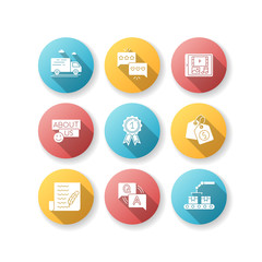 Social media presence flat design long shadow glyph icons set. Delivery services. Feedback, review. Digital media. Contact info. Reward winner. Question and answer. Silhouette RGB color illustration