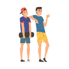 Teen Boys Standing Together with Skateboard, Guys Talking and Gesturing Cartoon Vector Illustration