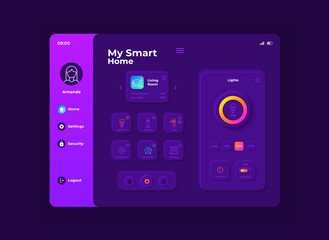 My smart home tablet interface vector template. Mobile app page night mode design layout. Household equipment management screen. Flat UI for application. IOT settings on portable device display