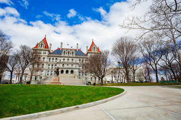 East Park and New York State Capitol building panorama with statue of General Philip Sheridan,...