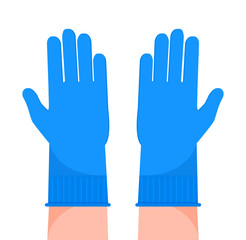 Protective gloves are put on hands. Blue latex gloves for protection skin against harmful viruses and bacteria. Disinfection equipment icon vector isolated on white background.