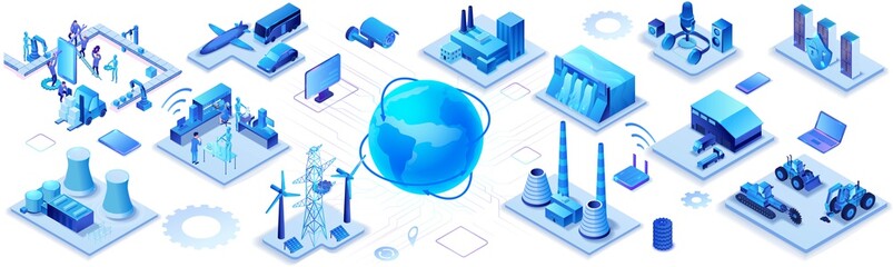 Industrial internet of things infographic horizontal banner, blue neon concept with factory, electric power station, globe 3d isometric icon, smart transport system, mining machines, data protection - 347869753