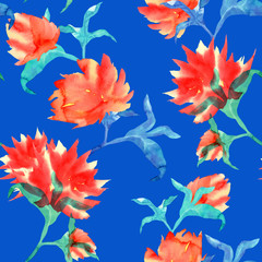 floral seamless pattern with watercolor flowers on a blue background