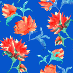 Fototapeta premium floral seamless pattern with watercolor flowers on a blue background