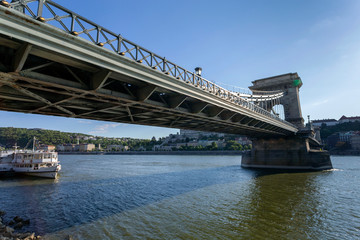 The famous Chain bridge in Budapest on a sunny afternoon.