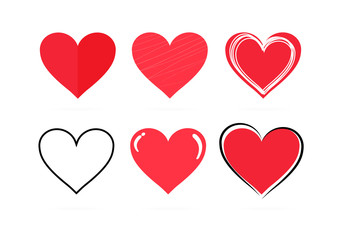 Collection of hand drawn red hearts on a white background. Symbol of love and care. Six beautiful different styles. Suitable for any style. Isolated easy to edit Flat Vector Illustration EPS 10